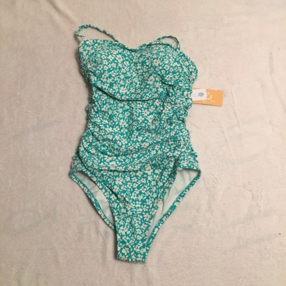Kona Sol One Piece Swimsuit Womens Small Green New Floral Ruched Sweetheart